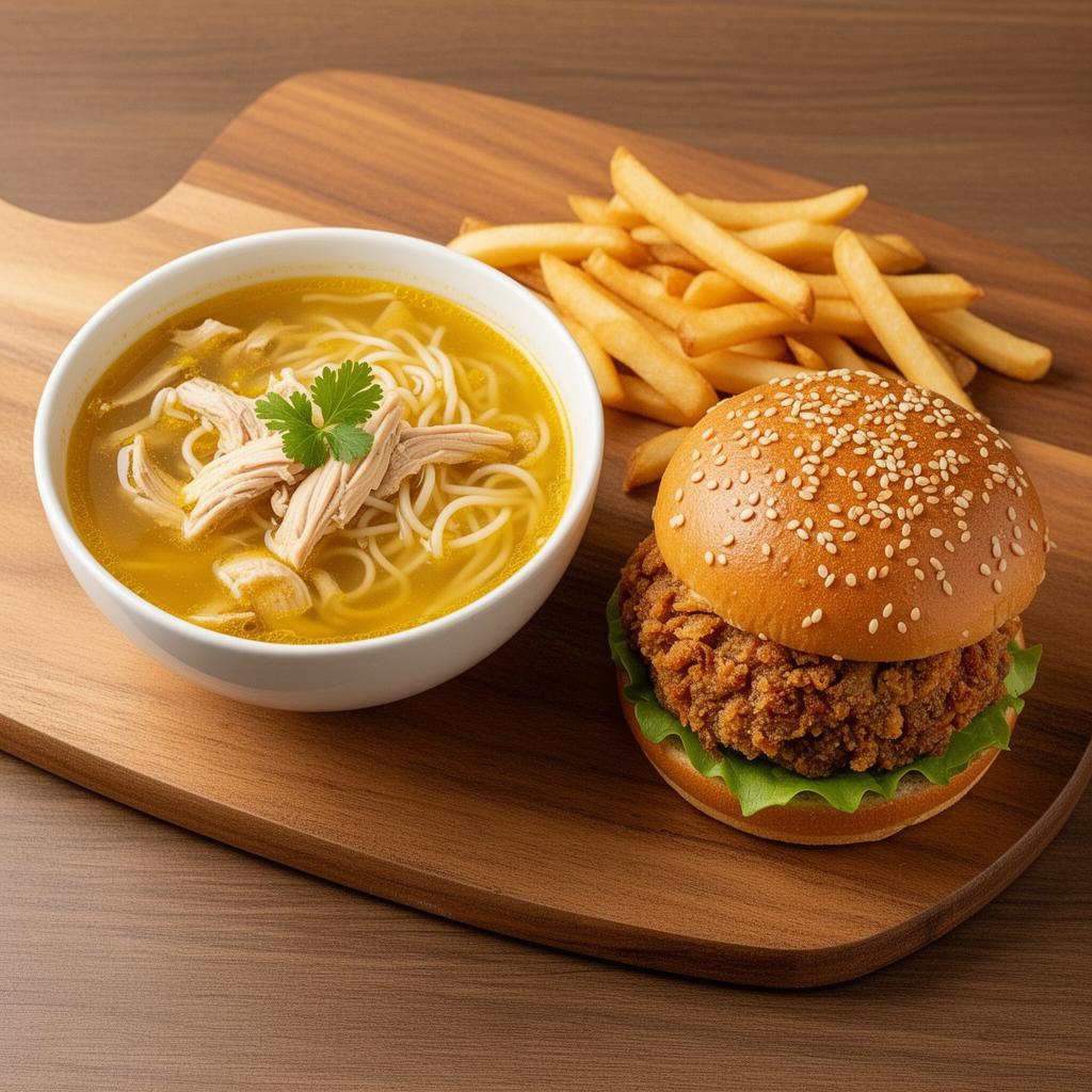 Supă de pui cu tăiței și burger crocant — meniul zilei Cluj
