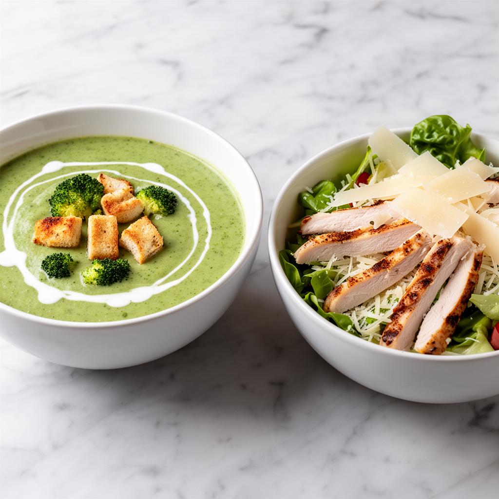 Cremă de broccoli și salată Caesar cu pui — meniu prânz Cluj