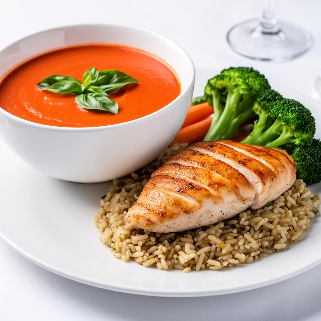 Supă cremă de roșii și piept de pui cu garnitură — Optim Catering