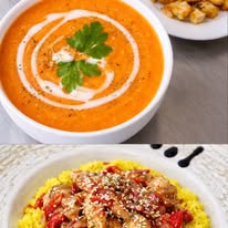 Supă cremă de roșii și piept de pui cu garnitură — Optim Catering